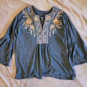 Johnny Was Grey Embroidered Top